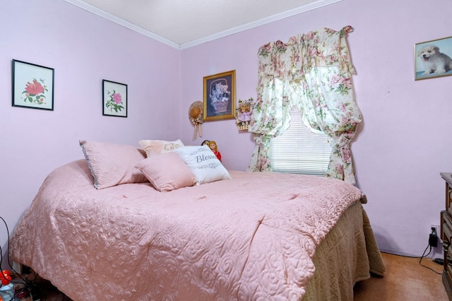 carpeted bedroom with ornamental molding