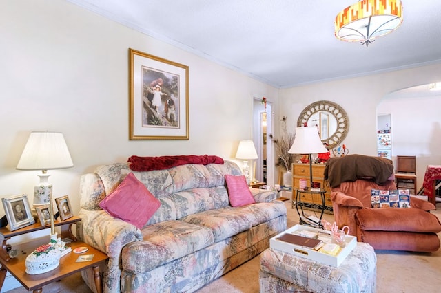 living room with crown molding and carpet