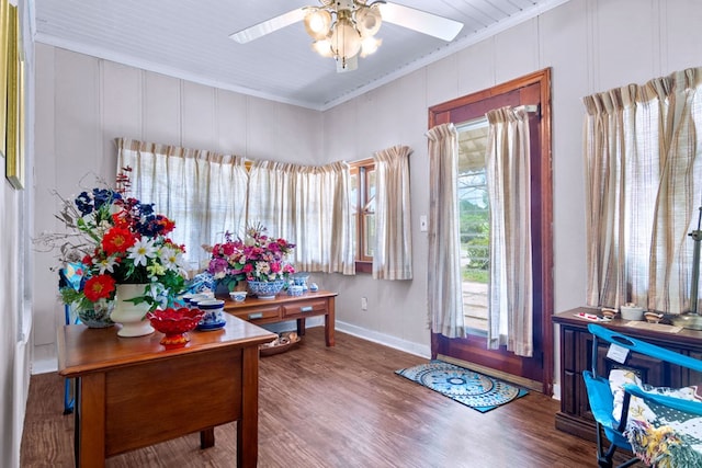 foyer entrance with ceiling fan, ornamental molding, and wood-type flooring