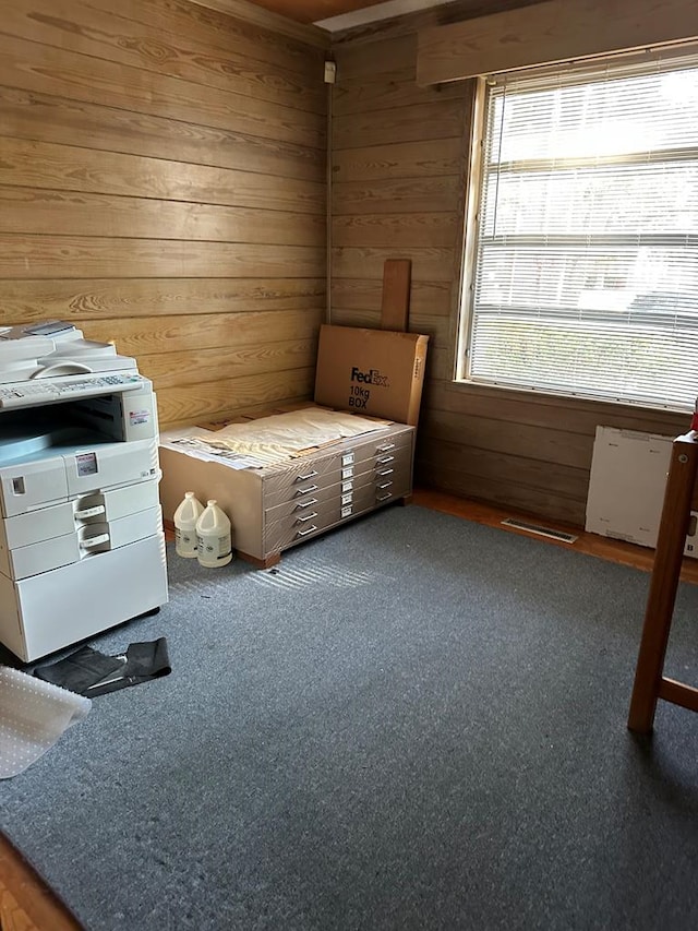 unfurnished bedroom with wood walls and carpet floors