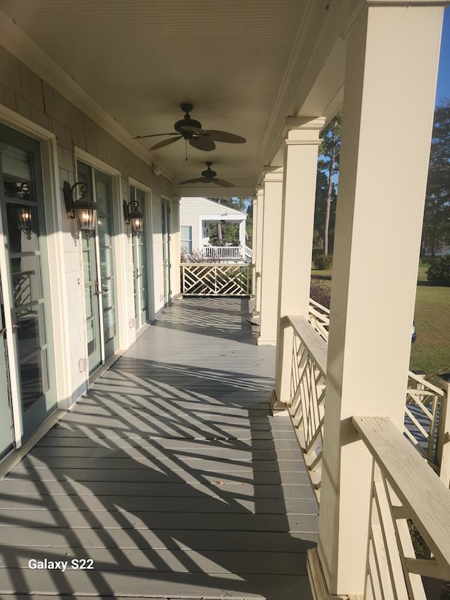 view of patio / terrace featuring ceiling fan and a porch