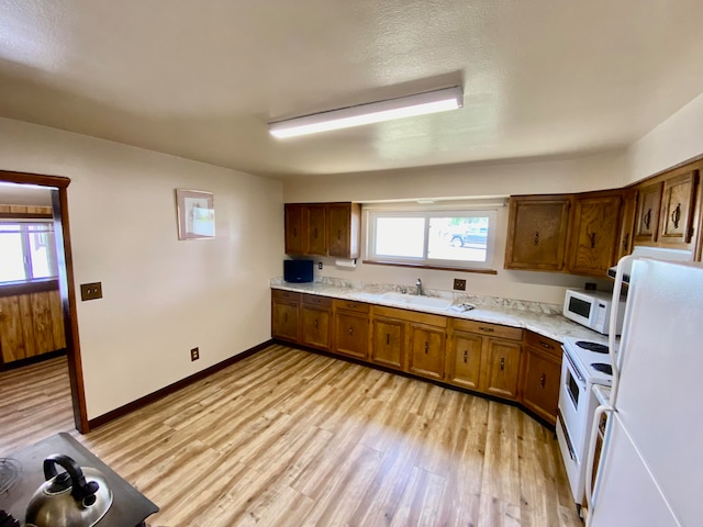 kitchen featuring light hardwood / wood-style floors, sink, and white appliances