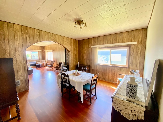 dining space featuring wood walls and hardwood / wood-style floors