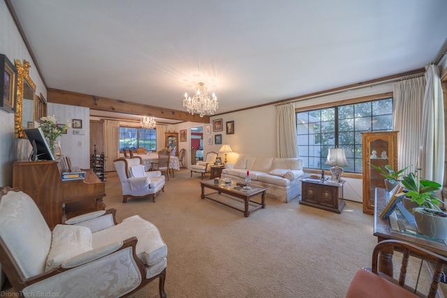 living room with plenty of natural light, a chandelier, and light colored carpet