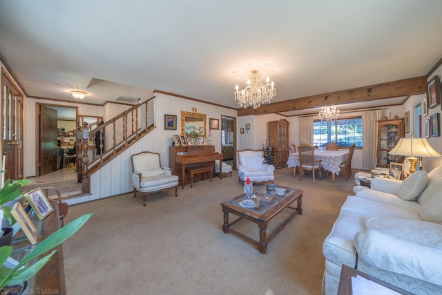 living room with light colored carpet, a notable chandelier, and crown molding