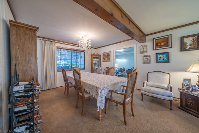 carpeted dining area featuring an inviting chandelier and beamed ceiling