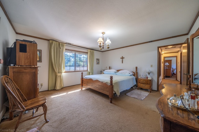 carpeted bedroom with a chandelier and ornamental molding