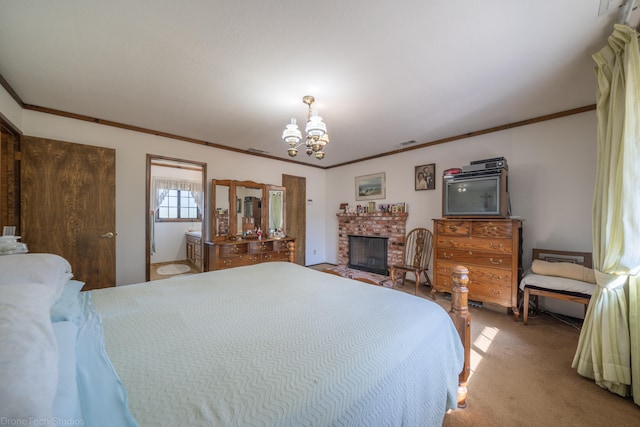 carpeted bedroom featuring a brick fireplace and an inviting chandelier