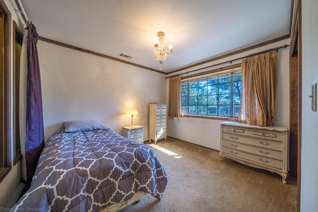 bedroom with crown molding, an inviting chandelier, and dark carpet