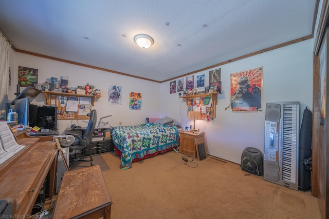 bedroom with carpet flooring and crown molding