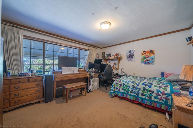 bedroom featuring carpet floors, ornamental molding, and a textured ceiling