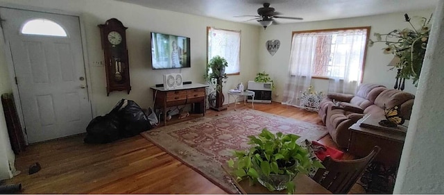 living room featuring hardwood / wood-style floors and ceiling fan