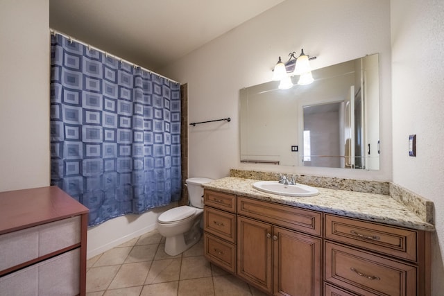 full bathroom featuring tile flooring, shower / bath combination with curtain, toilet, and large vanity