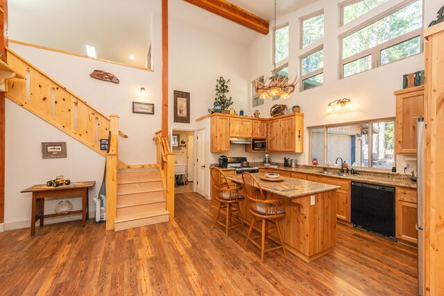 kitchen with range, dark hardwood / wood-style floors, dishwasher, and a healthy amount of sunlight