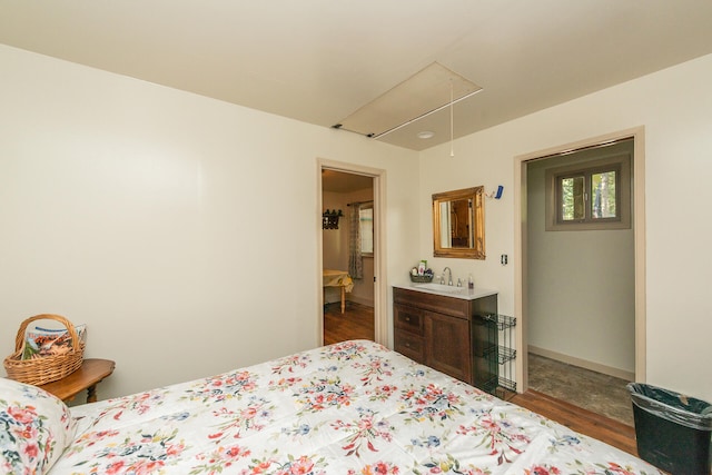 bedroom with sink and dark wood-type flooring