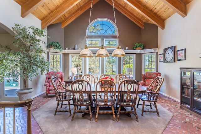 dining room with plenty of natural light, high vaulted ceiling, and wooden ceiling