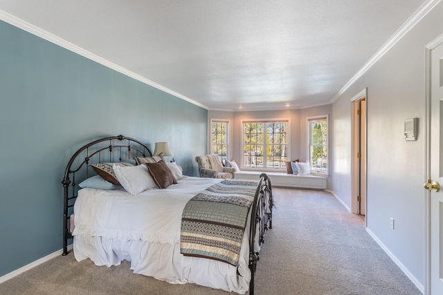 carpeted bedroom with crown molding