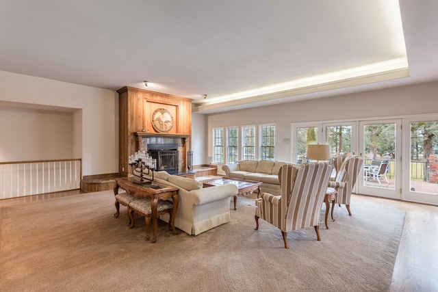 living room with a fireplace and light hardwood / wood-style flooring