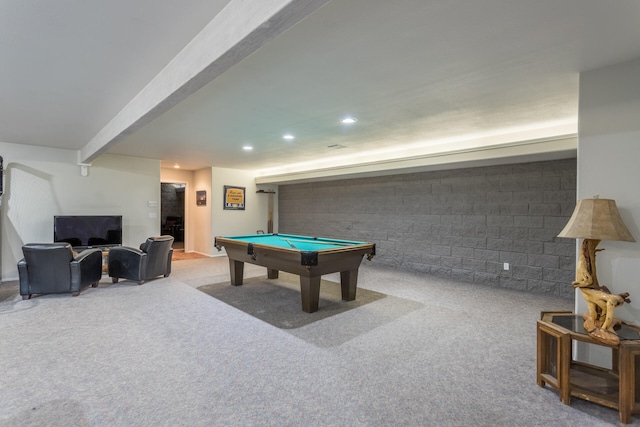 game room featuring light carpet, pool table, and beam ceiling