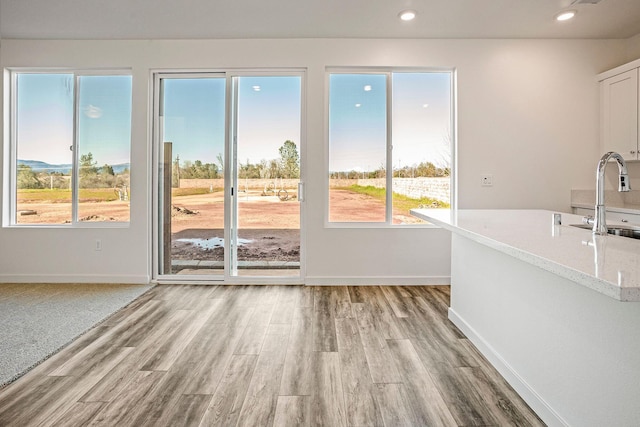 doorway to outside with carpet flooring and sink