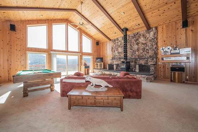 living room with wooden walls, pool table, light colored carpet, and wood ceiling