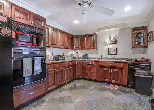 kitchen featuring ceiling fan, dark tile floors, crown molding, and black appliances