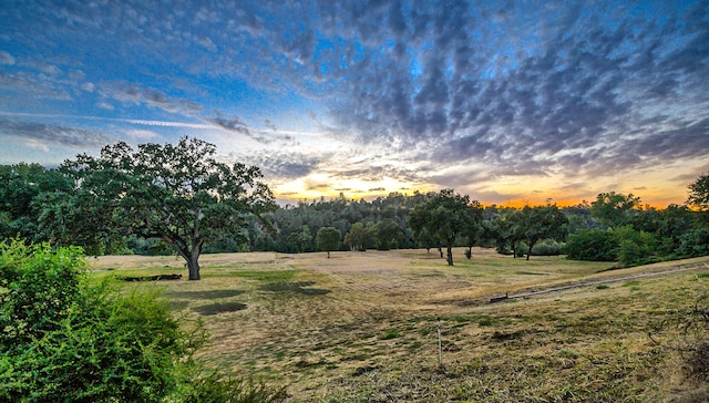 yard at dusk featuring a rural view