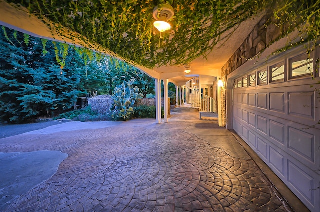 view of terrace featuring a garage