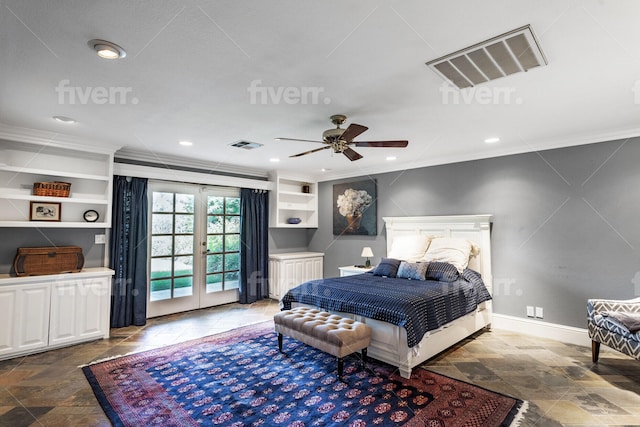 tiled bedroom with access to outside, ceiling fan, french doors, and ornamental molding