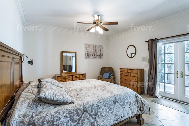 tiled bedroom featuring ceiling fan, access to outside, ornamental molding, and french doors