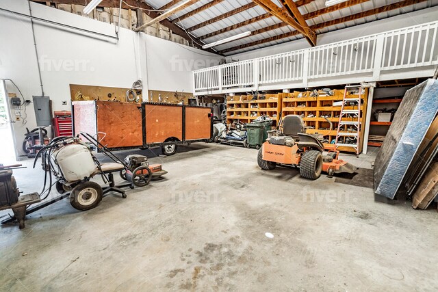 garage with a workshop area