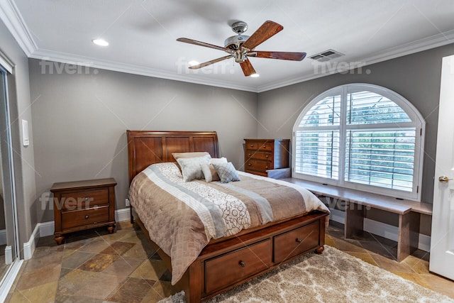 bedroom with ornamental molding, dark tile floors, and ceiling fan