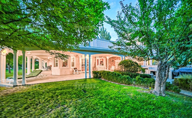 back of house with a yard and a patio area