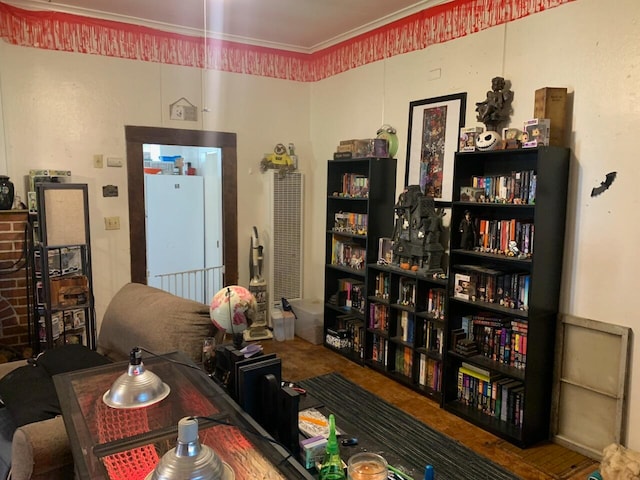 living room with crown molding