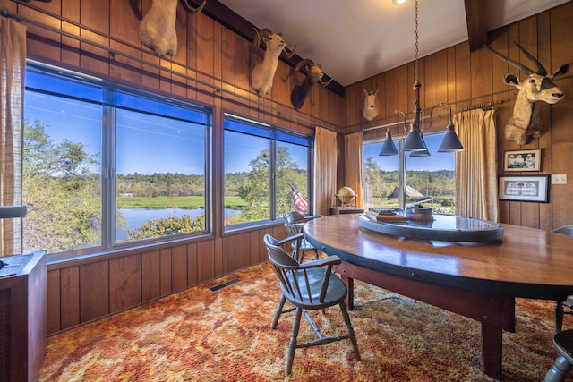 carpeted home office featuring a wealth of natural light, wood walls, and a water view