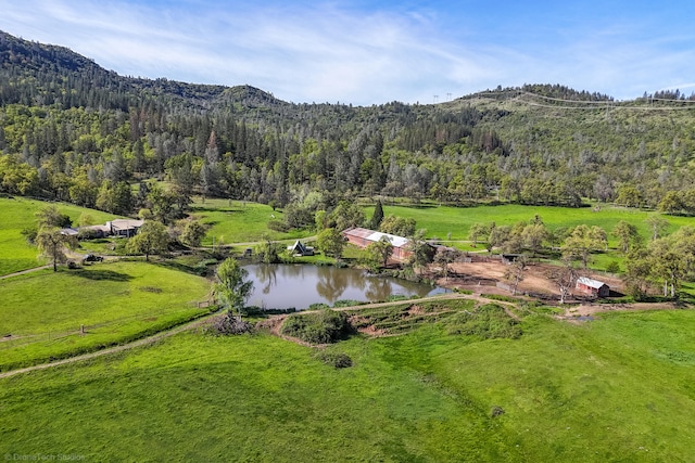 bird's eye view featuring a rural view and a water and mountain view