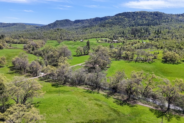 bird's eye view featuring a rural view and a mountain view