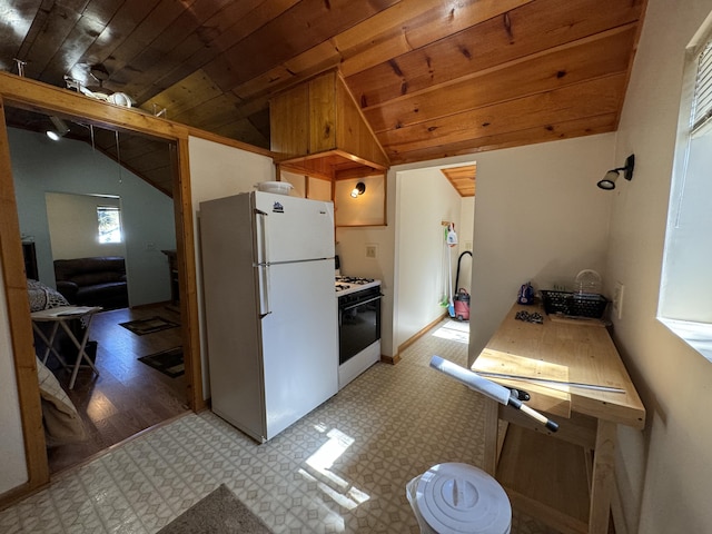 kitchen featuring vaulted ceiling, white appliances, wood ceiling, and light tile floors