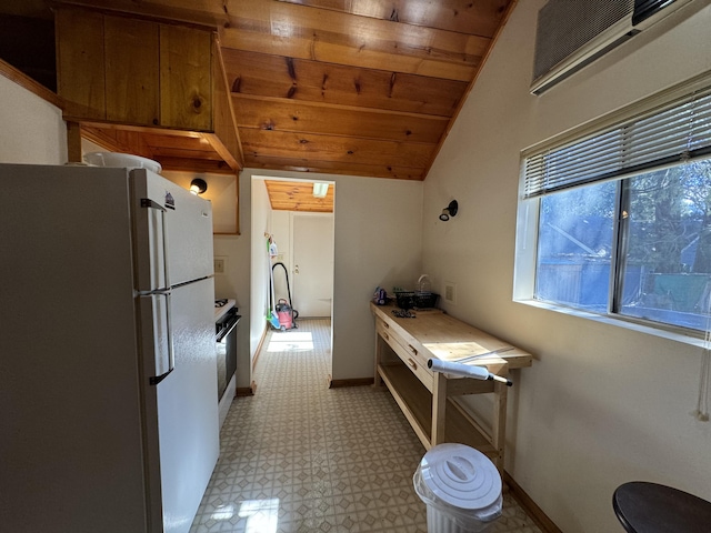 kitchen with light tile floors, lofted ceiling, wood ceiling, and white refrigerator