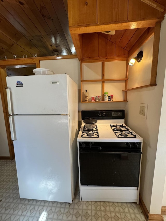 kitchen with light tile floors, white appliances, and wooden ceiling