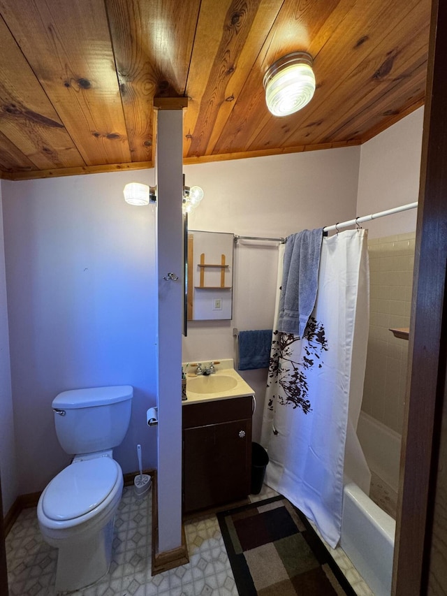 full bathroom featuring tile flooring, shower / bath combination with curtain, wood ceiling, vanity, and toilet