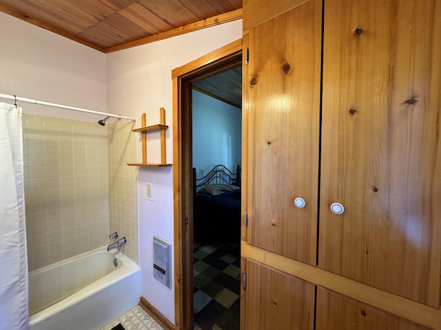 bathroom featuring tile flooring, wood ceiling, and shower / bath combo with shower curtain