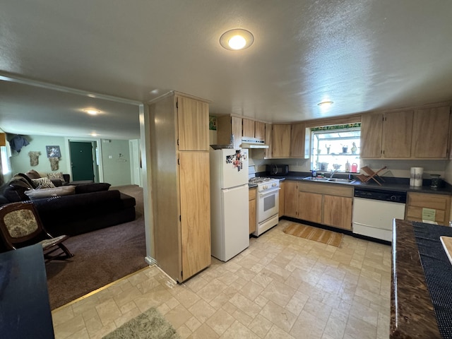 kitchen featuring sink, white appliances, and light carpet