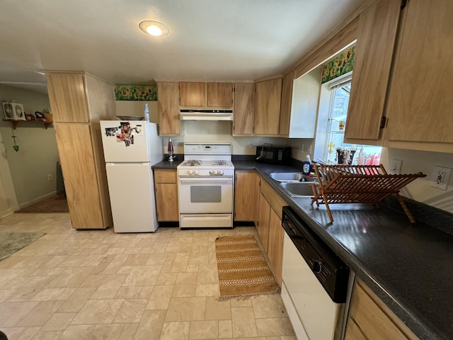 kitchen featuring sink, white appliances, and light tile floors