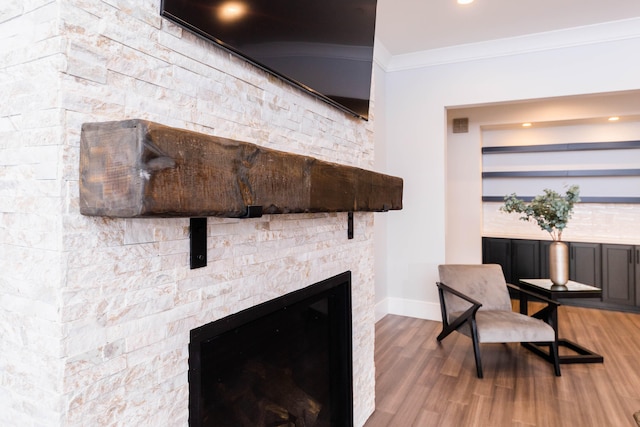 interior details featuring ornamental molding, light hardwood / wood-style flooring, and a fireplace