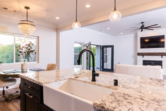 kitchen featuring pendant lighting, wood-type flooring, and a fireplace