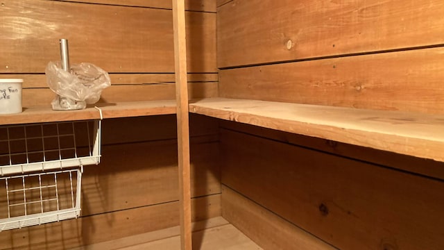 view of sauna with wood walls