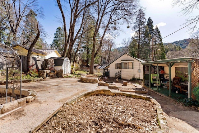 view of yard featuring a storage unit