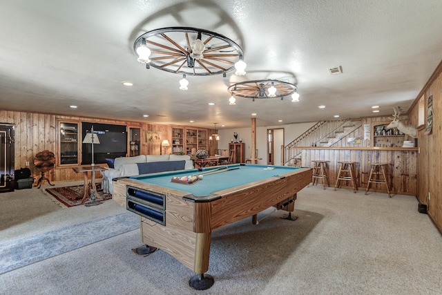 game room with wooden walls, visible vents, a dry bar, carpet floors, and billiards