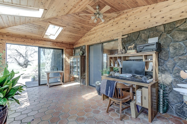 office area featuring tile patterned flooring, wooden ceiling, a ceiling fan, and lofted ceiling with skylight